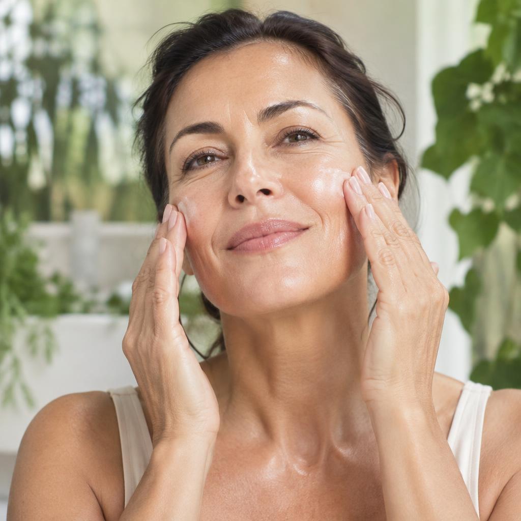 Woman pressing serum into her skin